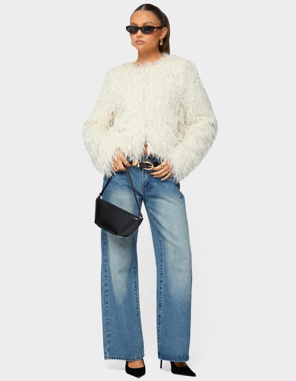 EDIKTED Aleandra Fringed Faux Feather Jacket - BEIGE