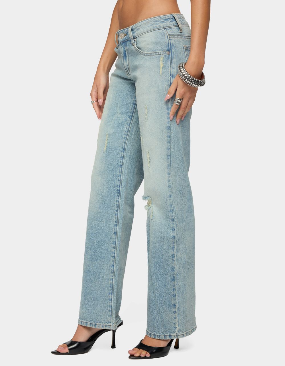 EDIKTED Lainie Distressed Low Rise Bootcut Jeans - BLUE