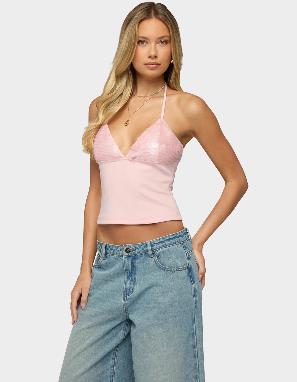 EDIKTED Katelyn Sequin Halter Top - LIGHT PINK