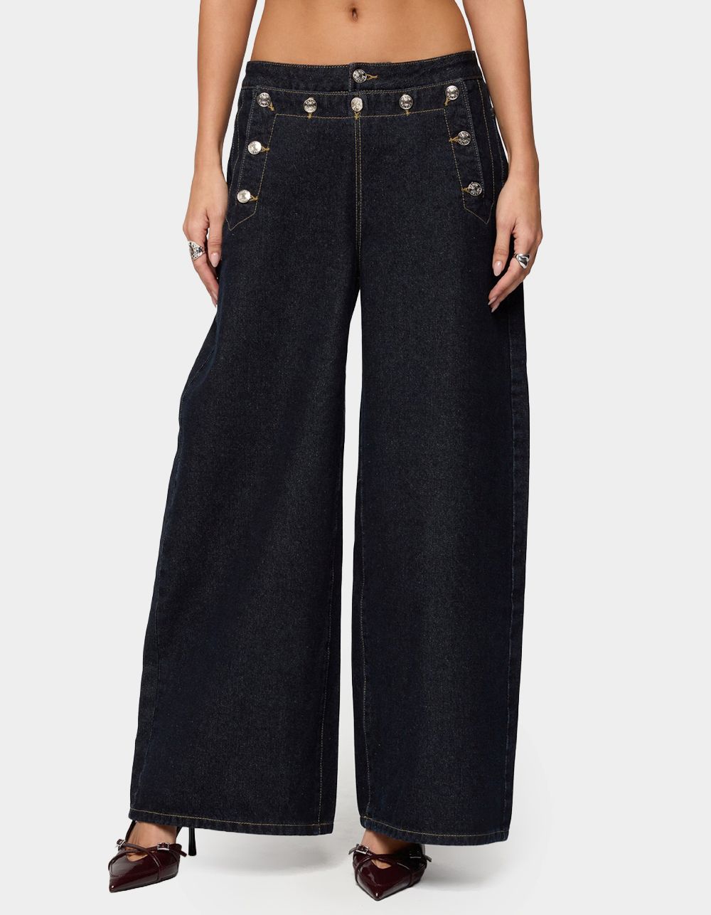 EDIKTED Frida Buttoned Low Rise Baggy Jeans - DARK BLUE