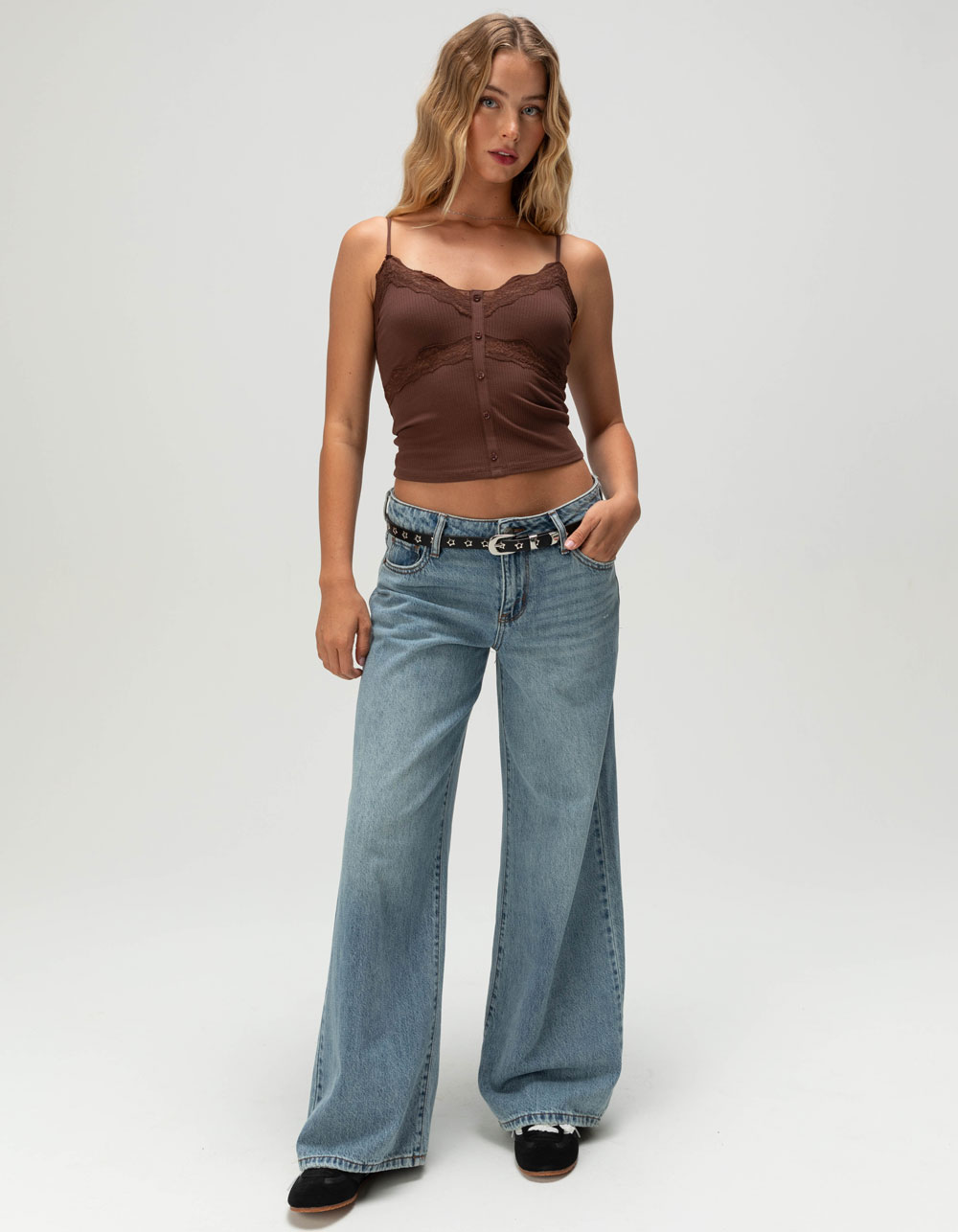 RSQ Womens Button Front Lace Trim Cami - BROWN