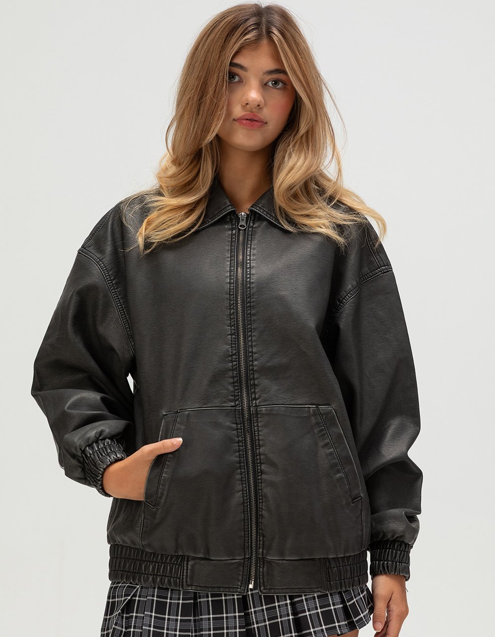RSQ Womens Oversized Faux Leather Bomber Jacket