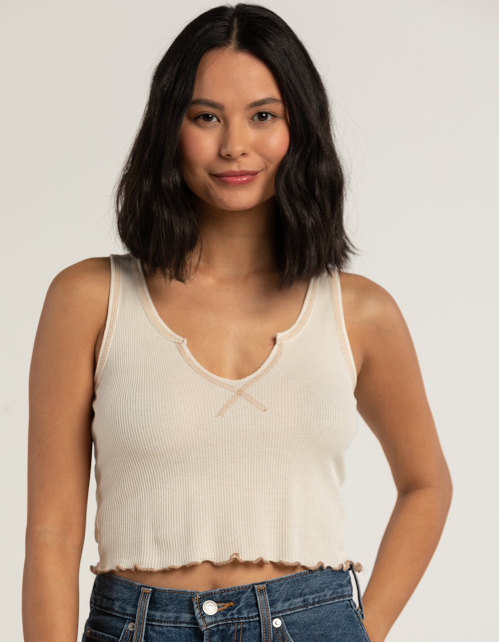 HEART & HIPS Split Neck Womens Thermal Tank Top WHITE Tillys