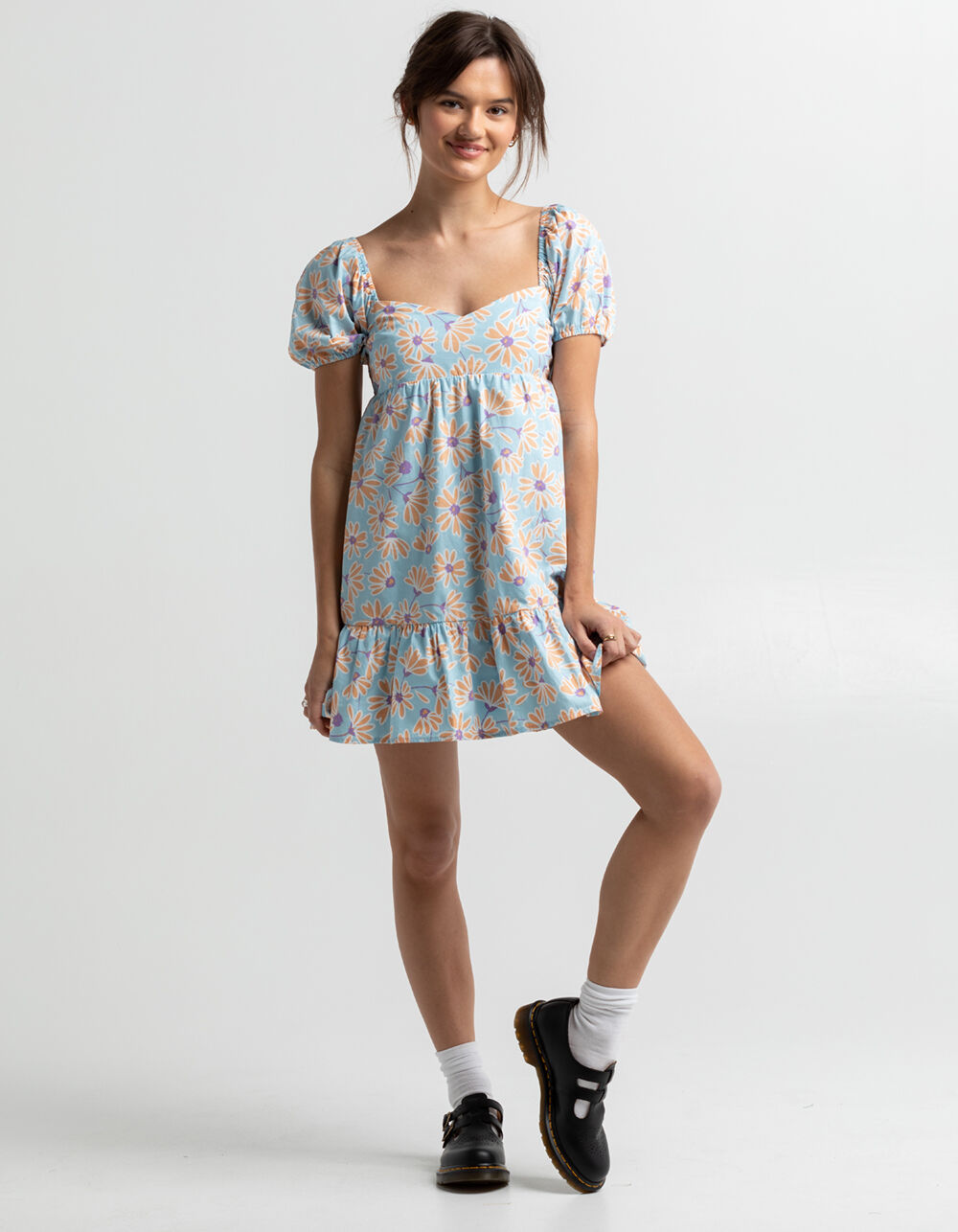 RSQ Floral Puff Sleeve Babydoll Dress BLUE COMBO Tillys