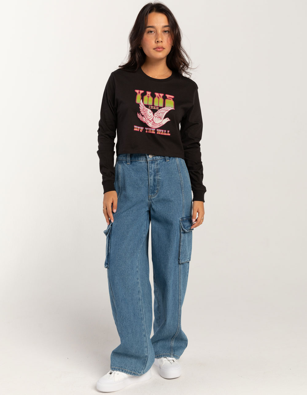 VANS Doves Womens Crop Long Sleeve Boyfriend Tee - BLACK