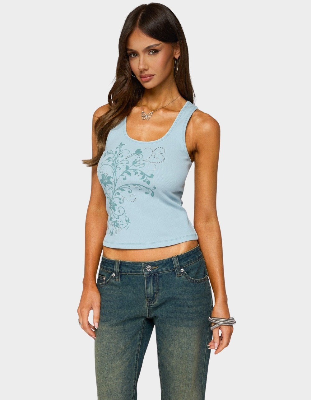 EDIKTED Veila Rhinestone Ribbed Graphic Tank Top - LIGHT BLUE