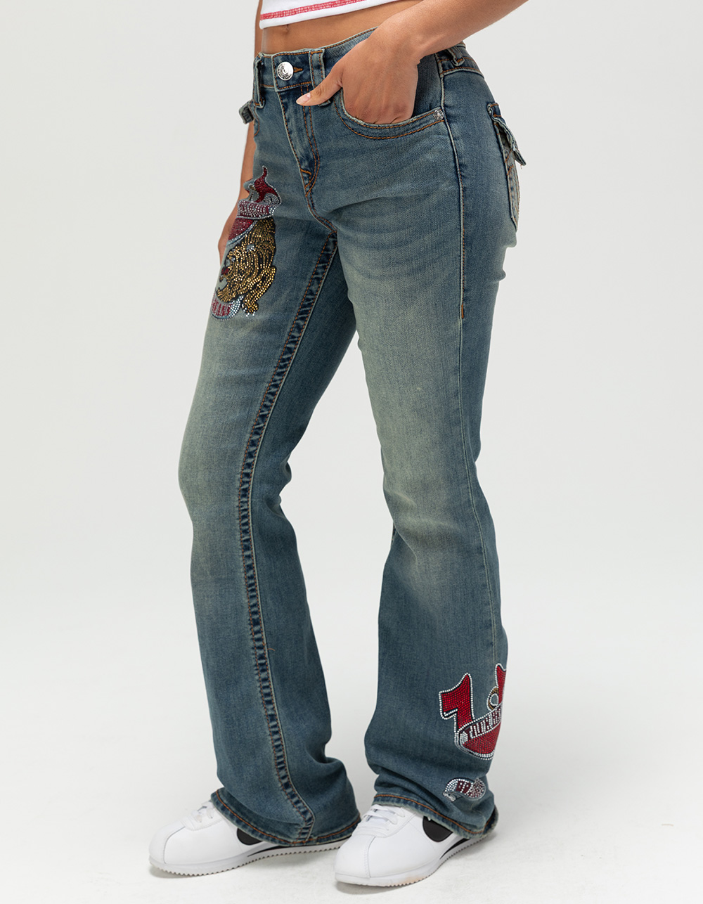 TRUE RELIGION Becca Crystal Tattoo Mid Rise Big T Womens Bootcut Jeans - VINTAGE