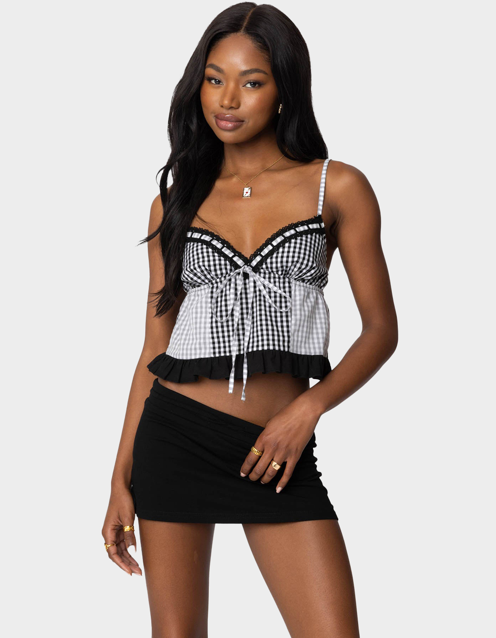 EDIKTED Joanne Mixed Gingham Tank Top - BLACK