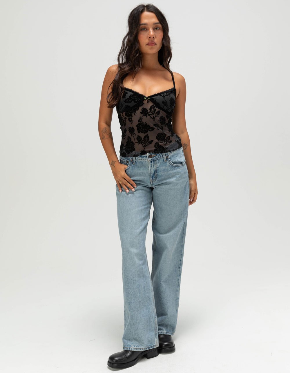 NECTAR CLOTHING Floral Flocked Womens Sleeveless Top - BLACK