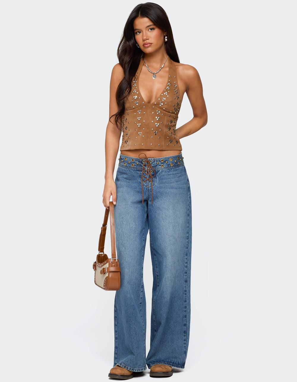 EDIKTED Xaria Studded Faux Suede Halter Top - BROWN