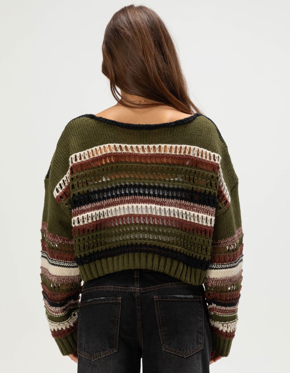 RSQ Womens Stripe Open Knit Sweater - GREEN COMBO