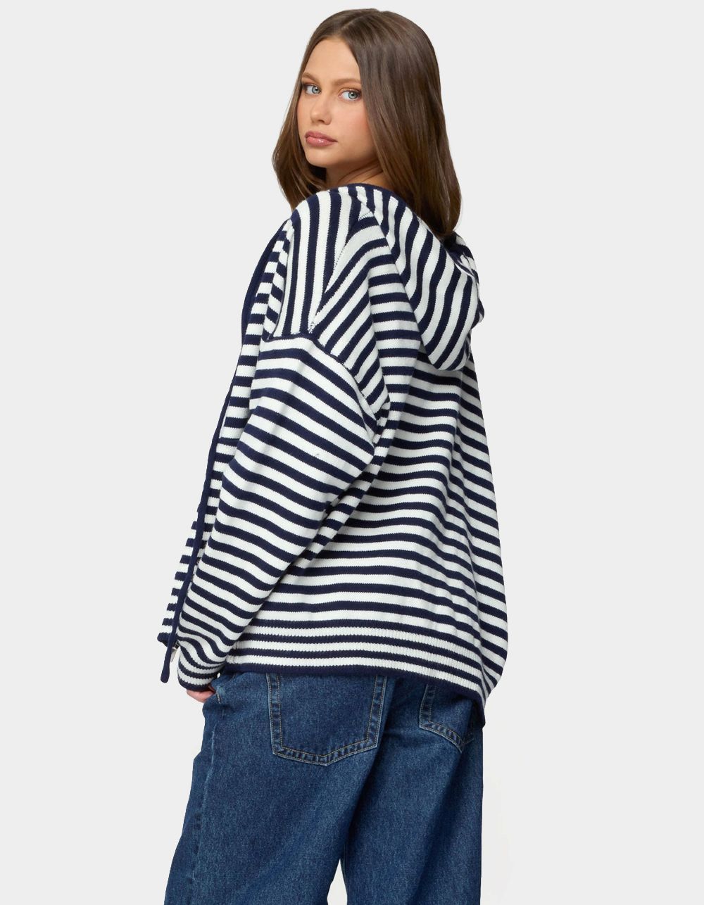 EDIKTED Safari Striped Knit Zip Up Hoodie - NAVY