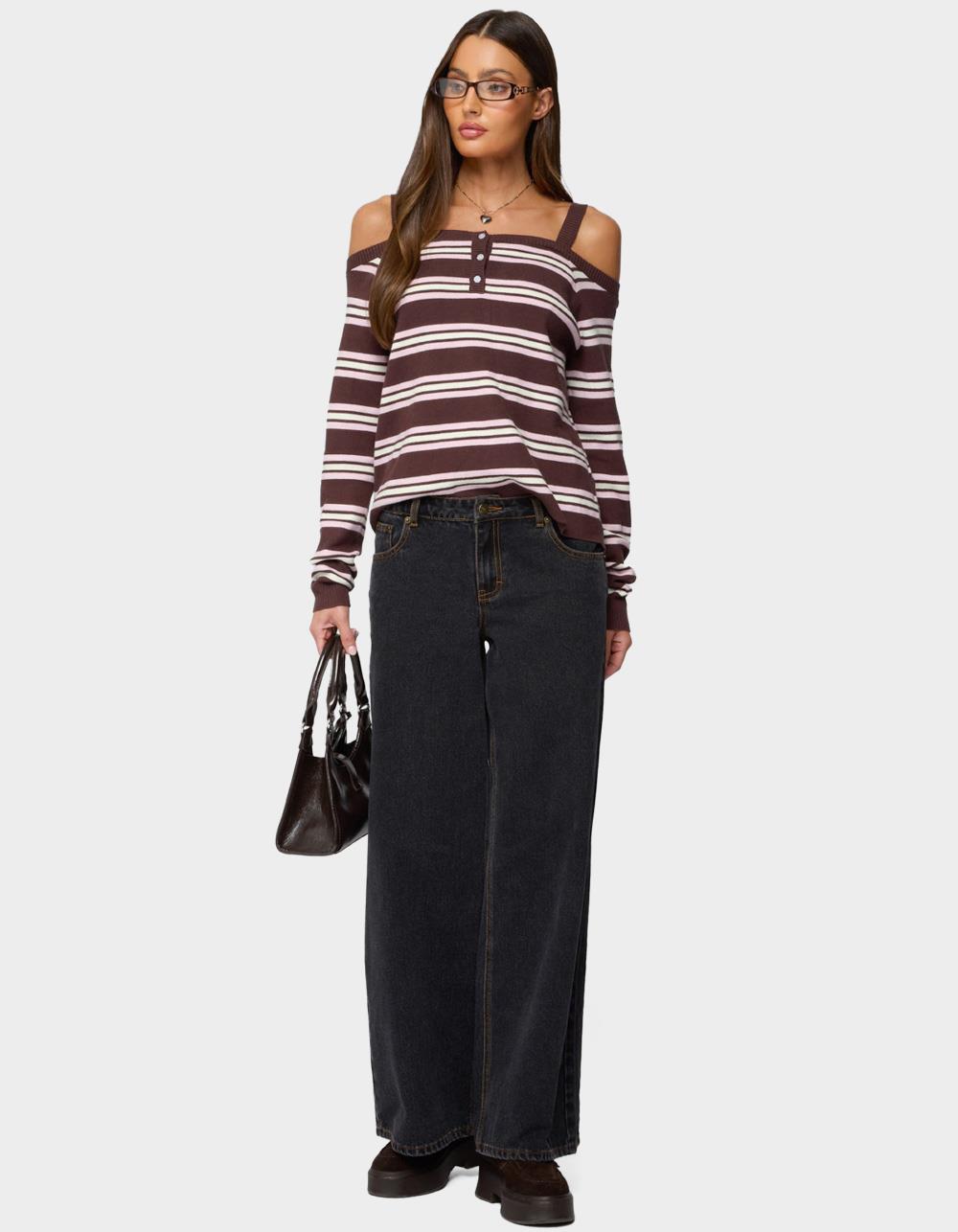 EDIKTED Shyla Off Shoulder Striped Knit Top - BROWN