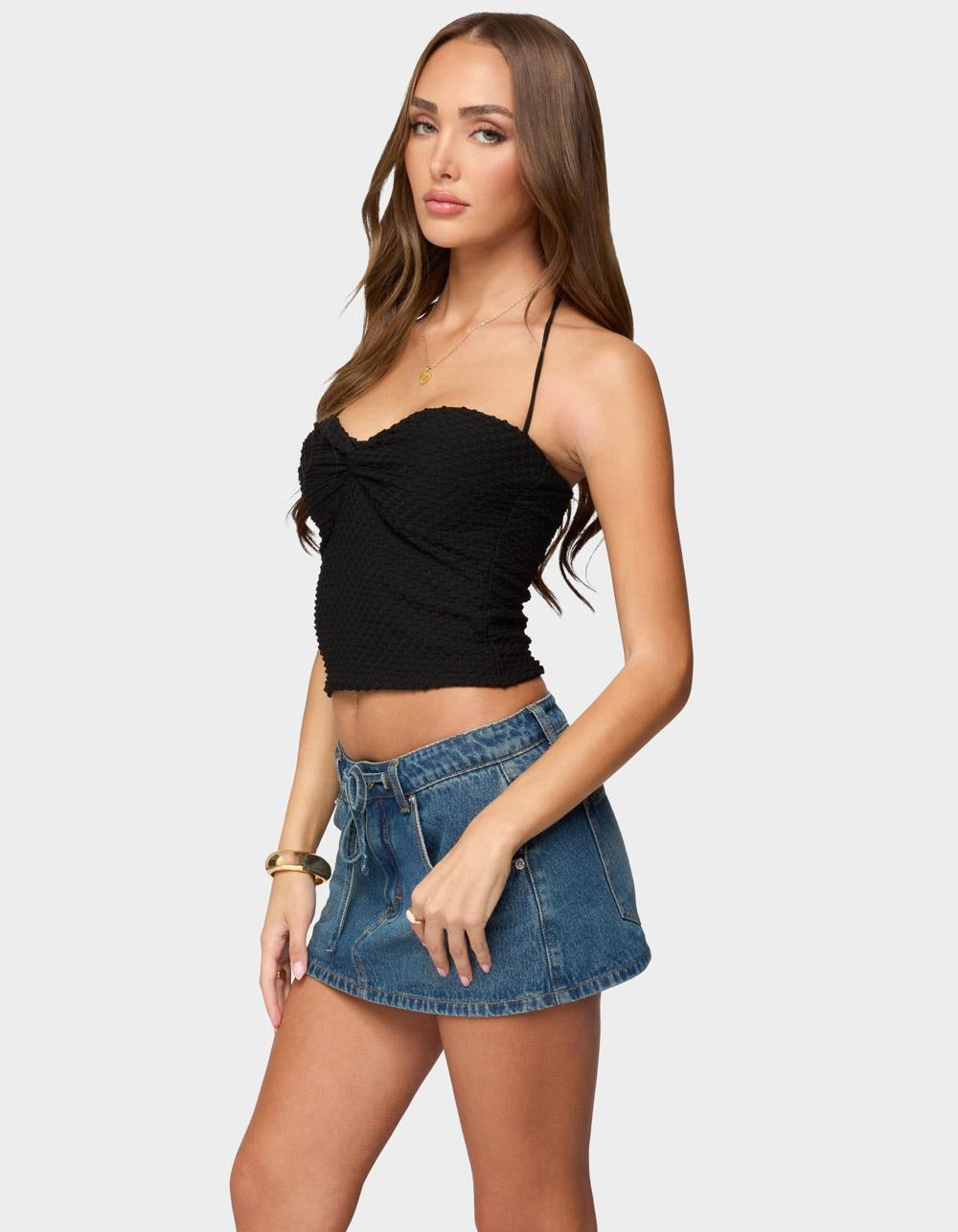 EDIKTED Zoee Twisted Textured Halter Top - BLACK