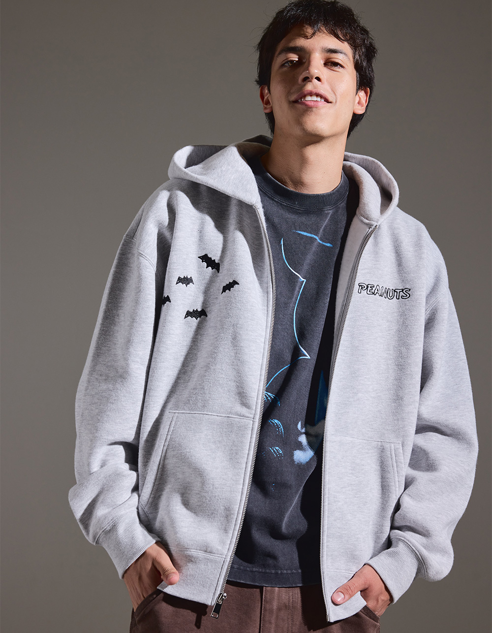 RSQ x Peanuts Creeped Mens Zip-Up Hoodie - HEATHER GRAY