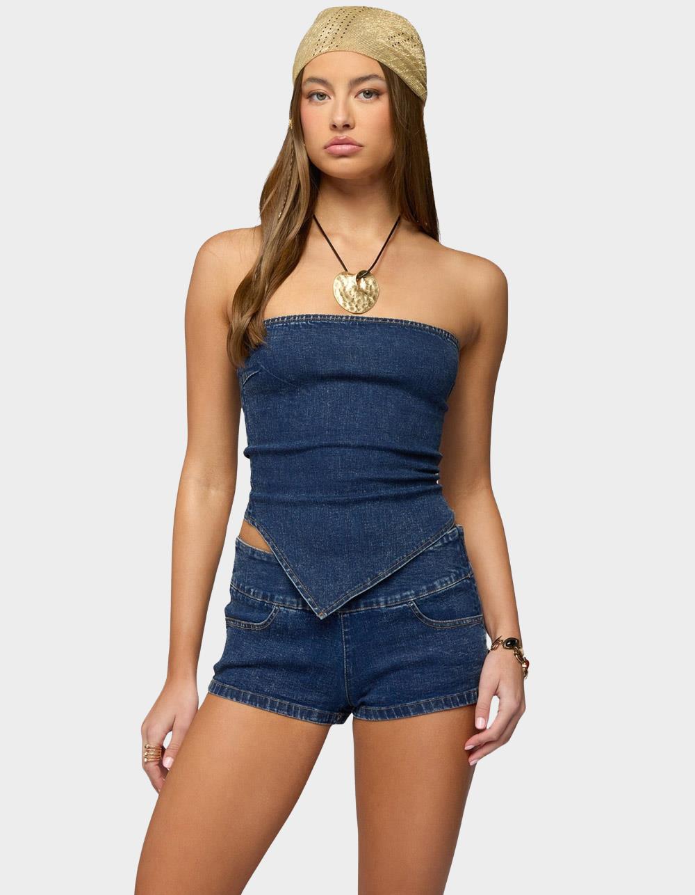 EDIKTED Zaida Asymmetric Denim Strapless Top - BLUE