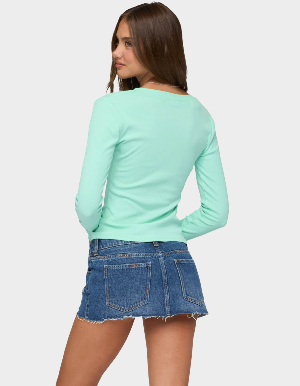 EDIKTED Yerin Long Sleeve Henley Ribbed Top - TURQUOISE