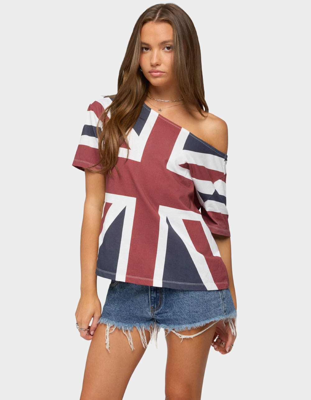 EDIKTED Union Jack Off Shoulder Tee - NAVY