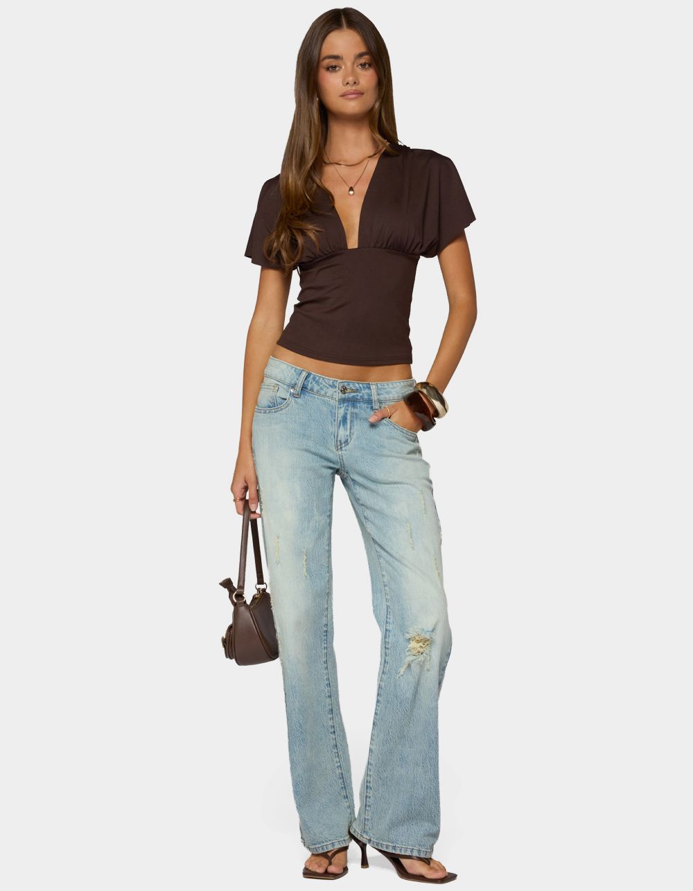 EDIKTED Flutter Plunging V-Neck Top - DARK BROWN
