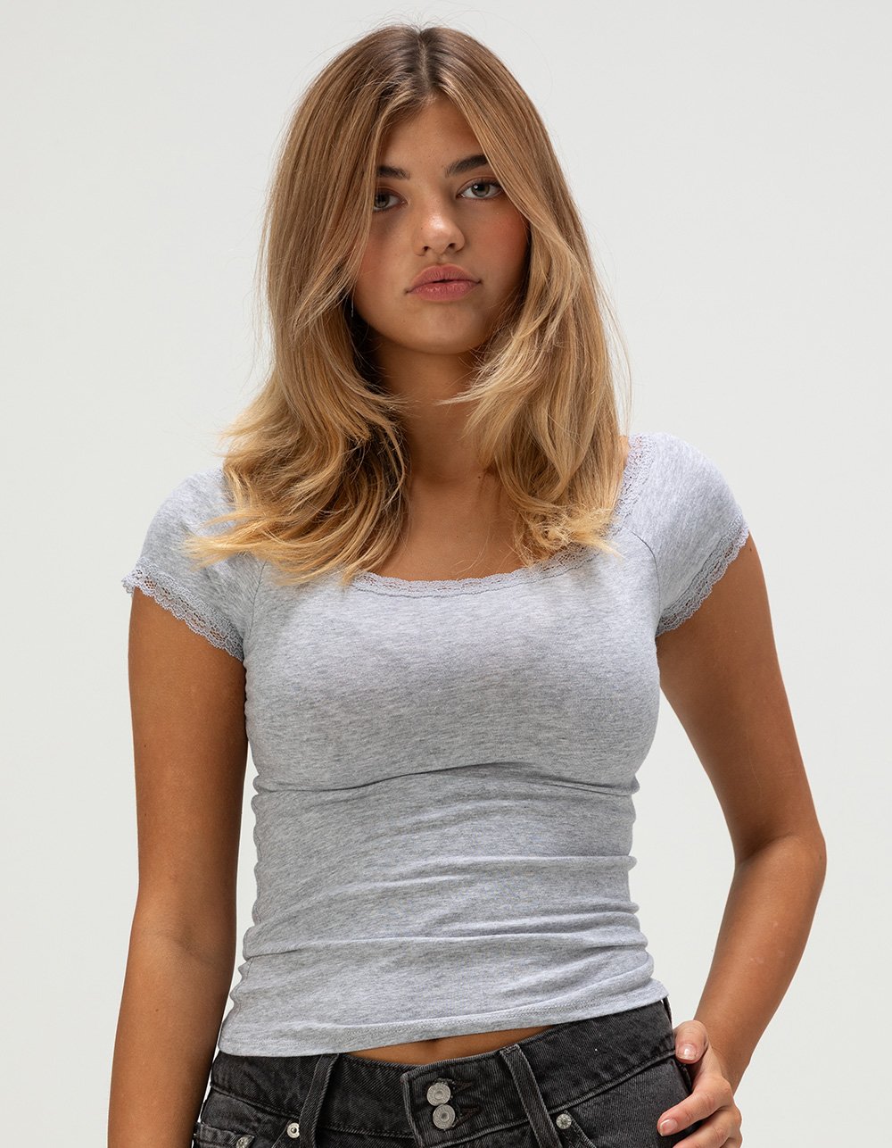 TILLYS Lace Trim Womens Tee - HEATHER GRAY
