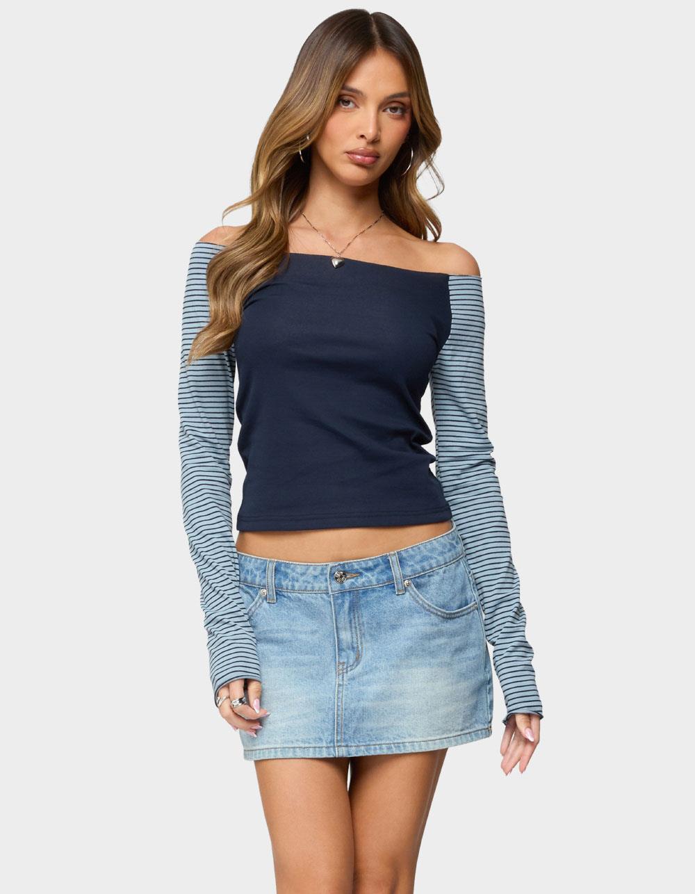 EDIKTED Rion Contrast Striped Off Shoulder Top - NAVY