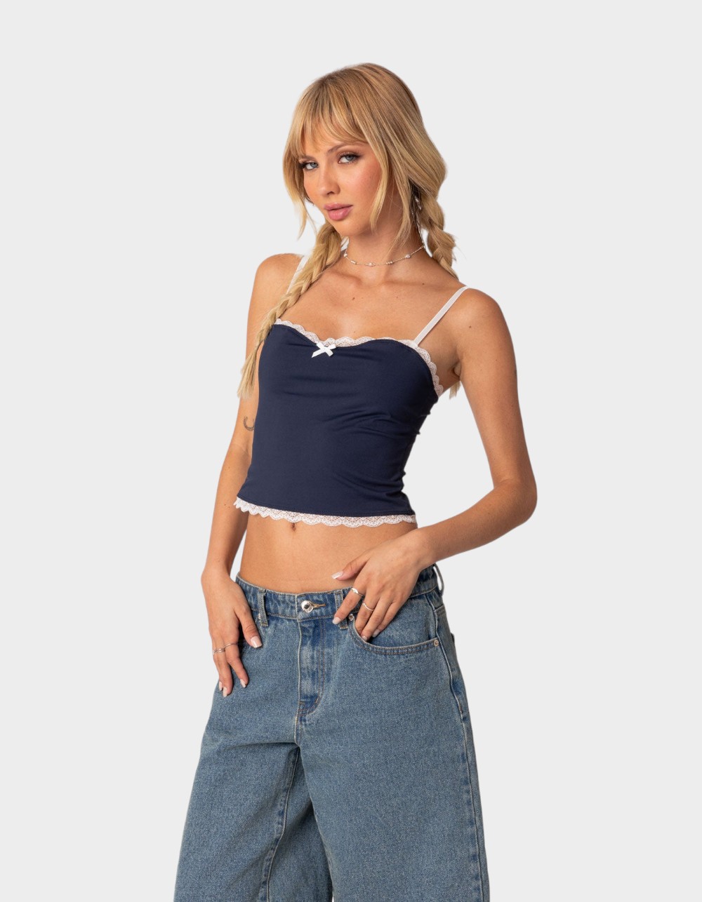 EDIKTED Alara Lace Trim Tank Top - NAVY