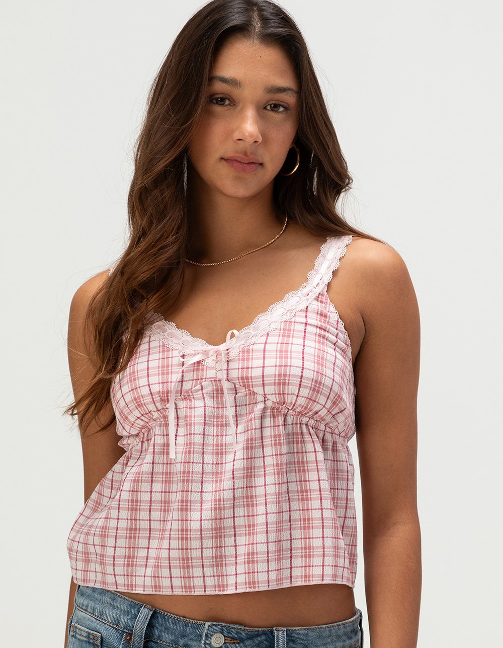 MADDEN GIRL Womens Plaid Babydoll Top - PALE PNK/BLK