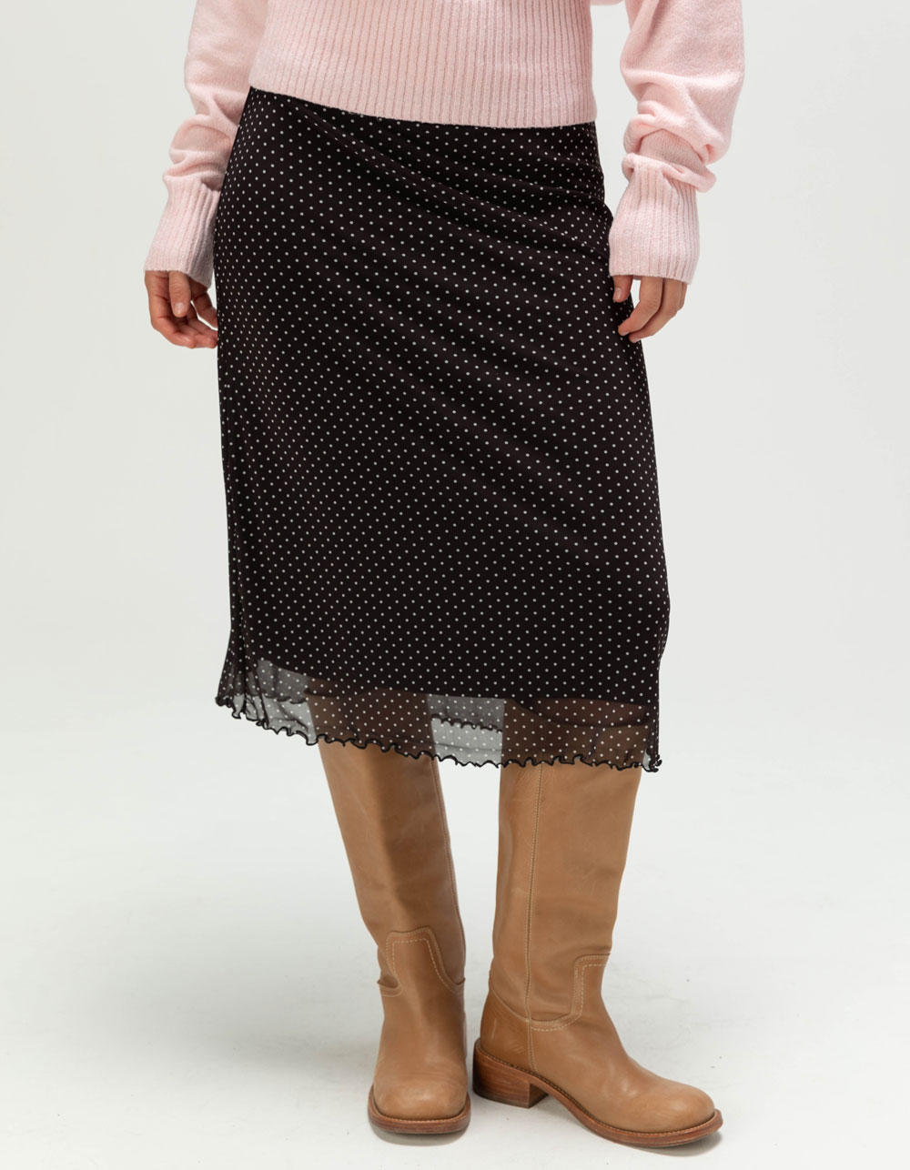 RSQ Womens Low Rise Polka Dot Mesh Midi Skirt - BLACK COMBO