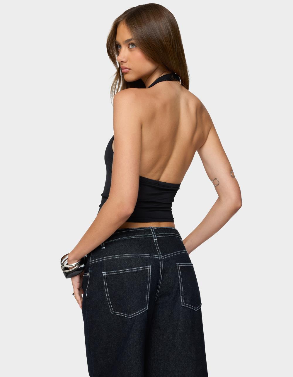 EDIKTED Coraline Button Cutout Halter Top - BLACK