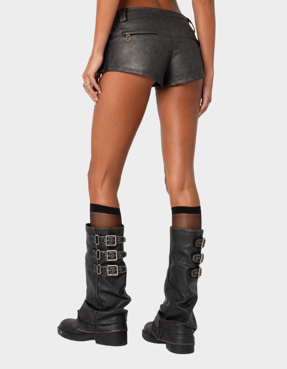 EDIKTED Washed Faux Leather Micro Cargo Shorts - BLACK