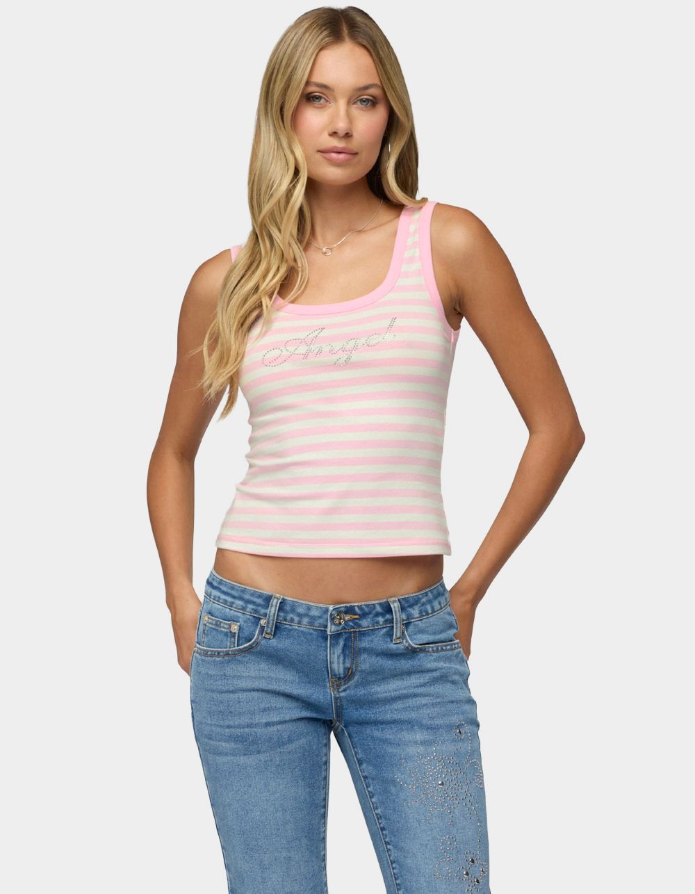 EDIKTED Angel Glow Rhinestone Striped Tank Top - PINK