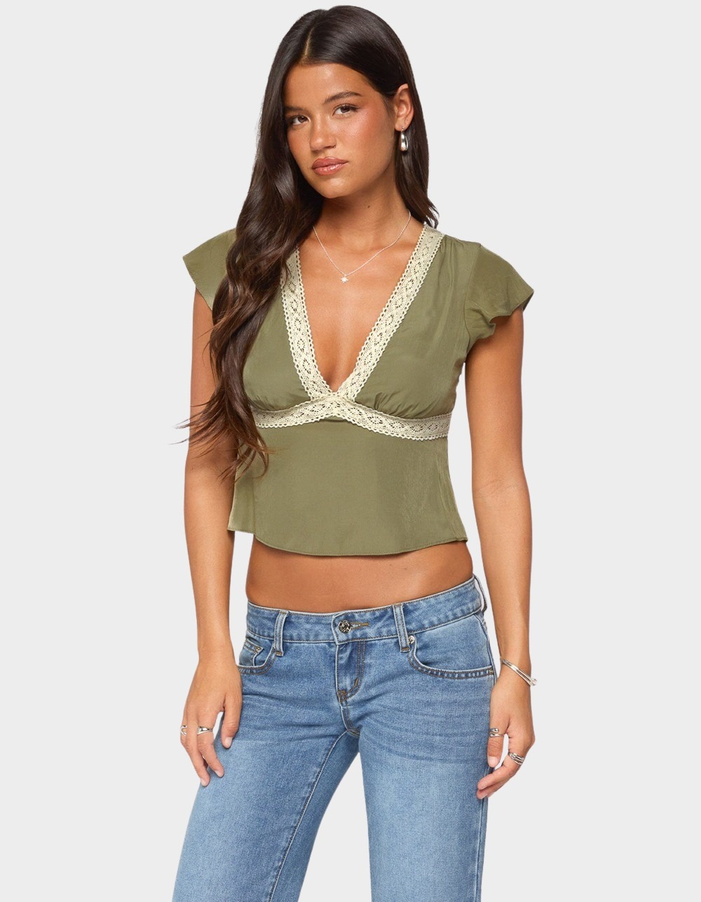 EDIKTED Kaela Lacey Flutter Sleeve Top - DK GREEN