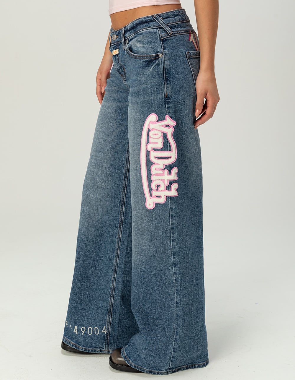 VON DUTCH Womens Mid Rise Wide Leg Jeans - MEDIUM WASH