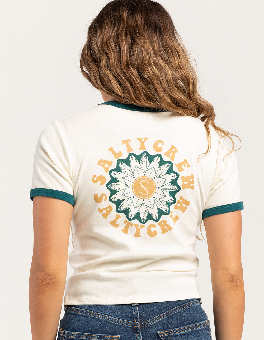 SALTY CREW Flower Power Womens Fitted Ringer Baby Tee - OFF WHITE