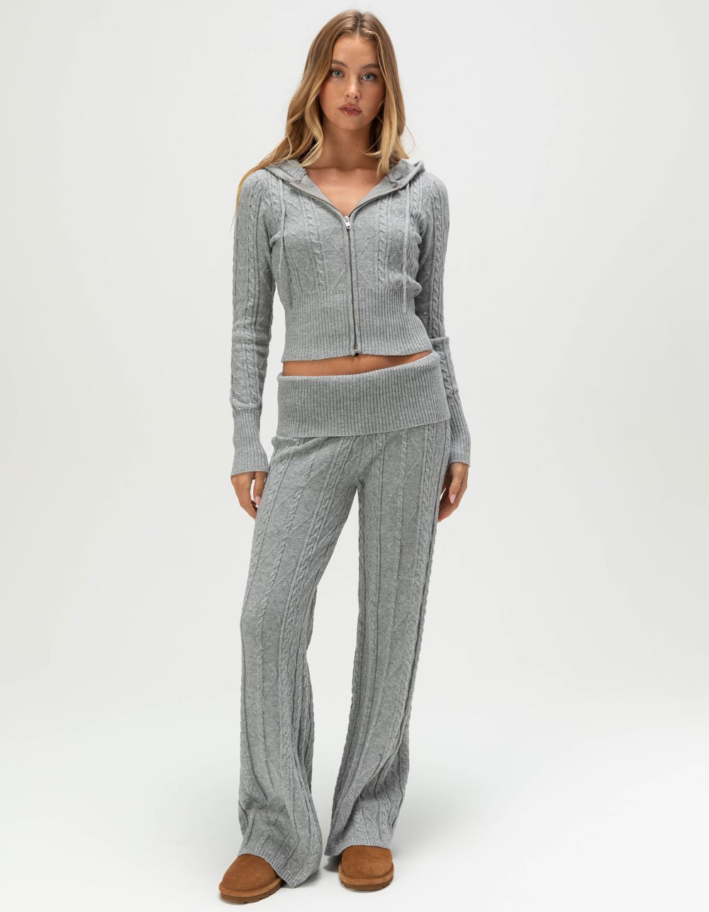 FULL TILT Cable Knit Womens Zip-Up Hoodie - HEATHER GRAY