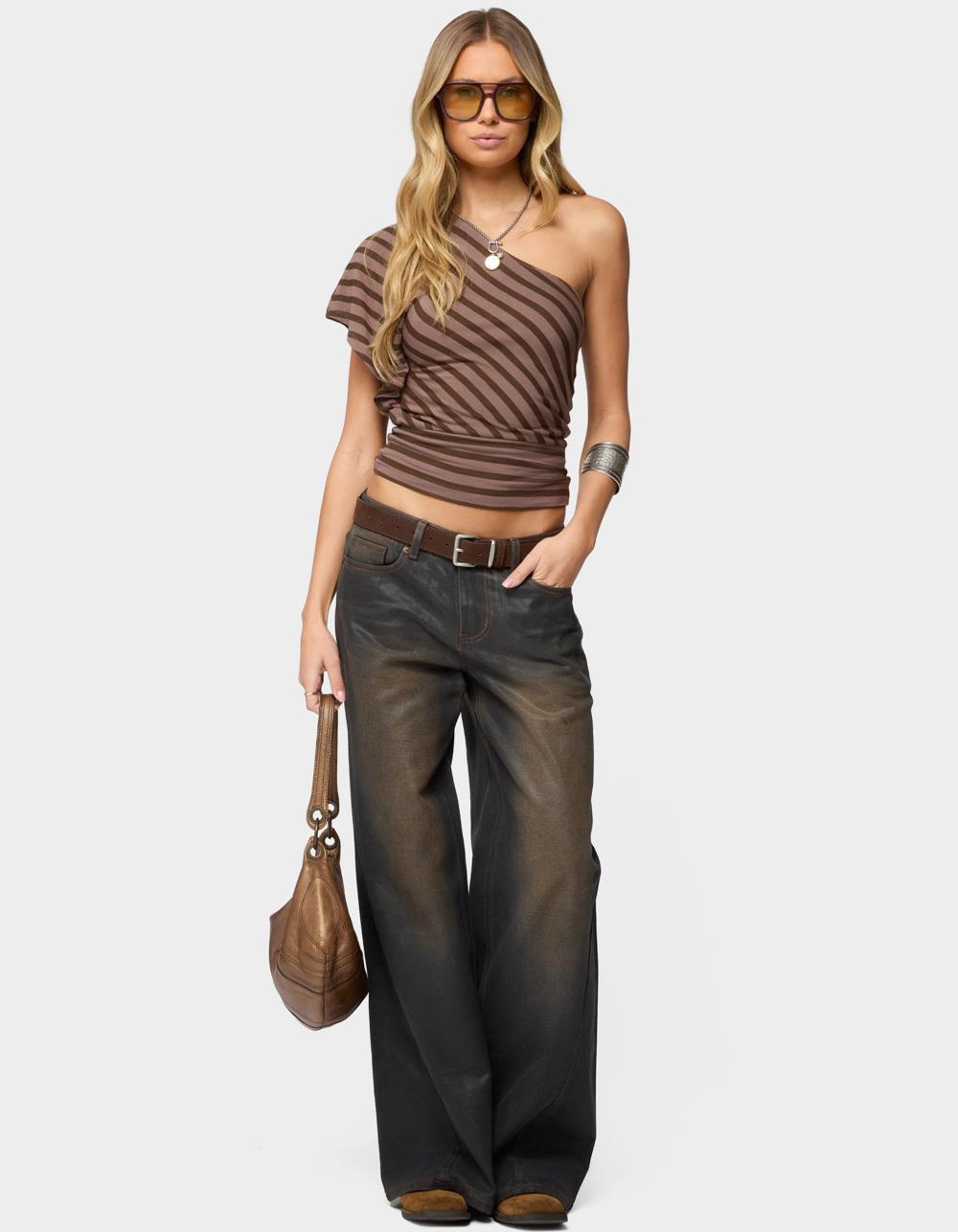 EDIKTED Asymmetric Striped One Shoulder Top - BROWN