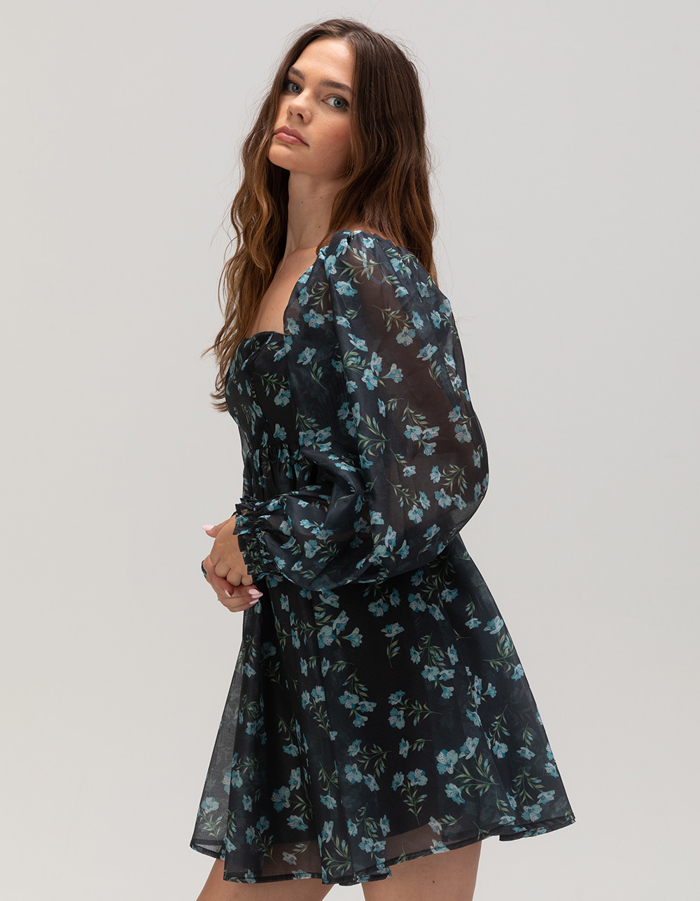 LULUS Floral Womens Babydoll Dress - BLUE COMBO