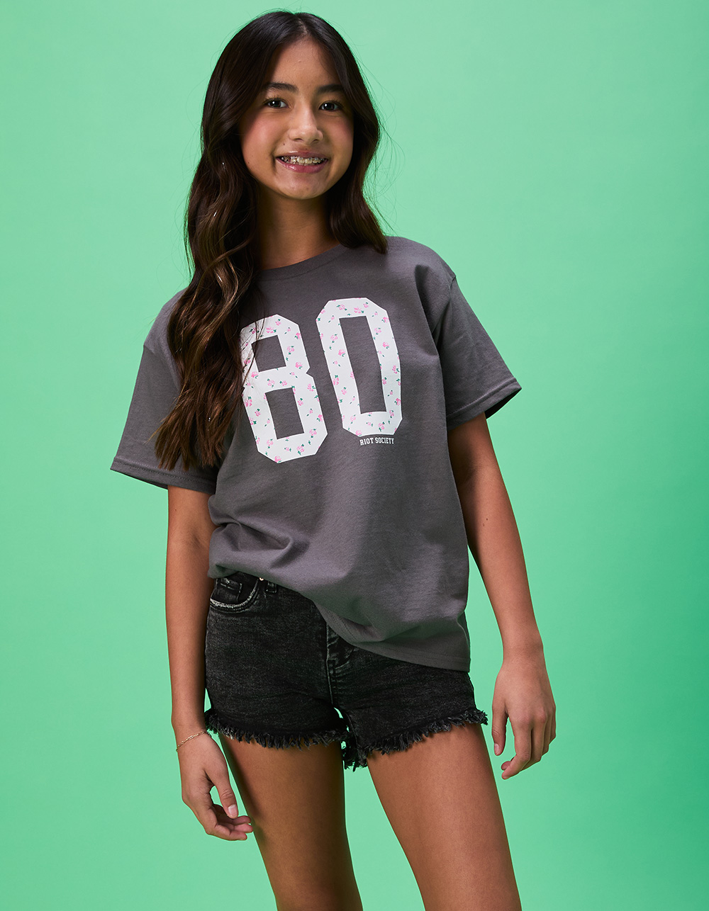 RIOT SOCIETY Ditsy 80 Girls Tee - CHARCOAL