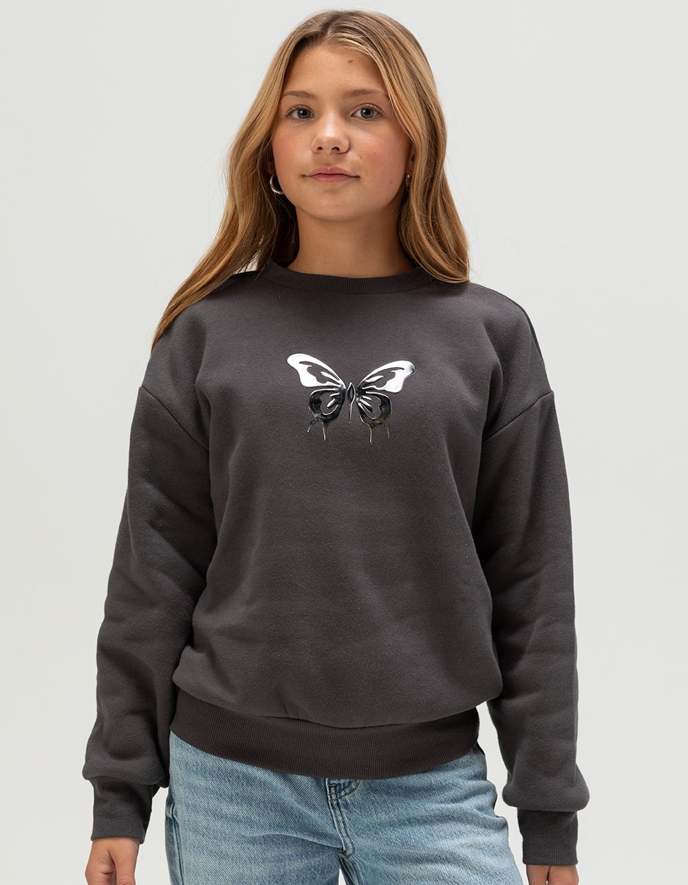 FULL TILT Chrome Butterfly Girls Crewneck Sweatshirt - WASHED BLACK