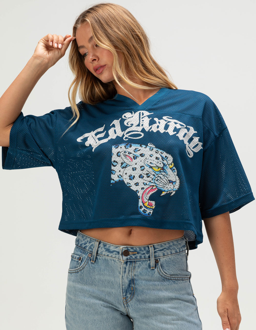 ED HARDY Snow Leopard Womens Crop Jersey - NAVY