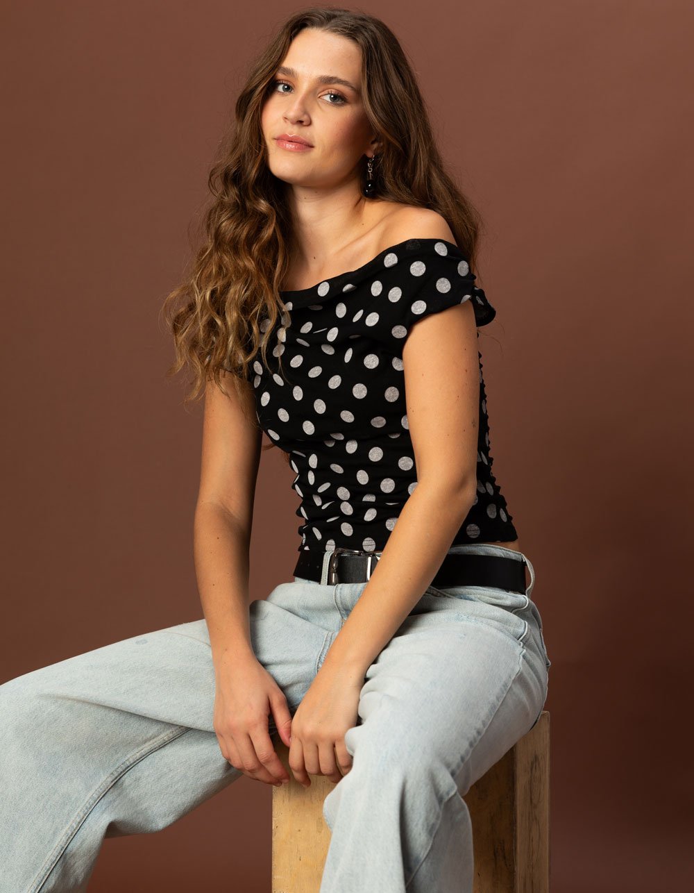 BDG Urban Outfitters Fia Dot Womens Off The Shoulder Top - BLK/WHT