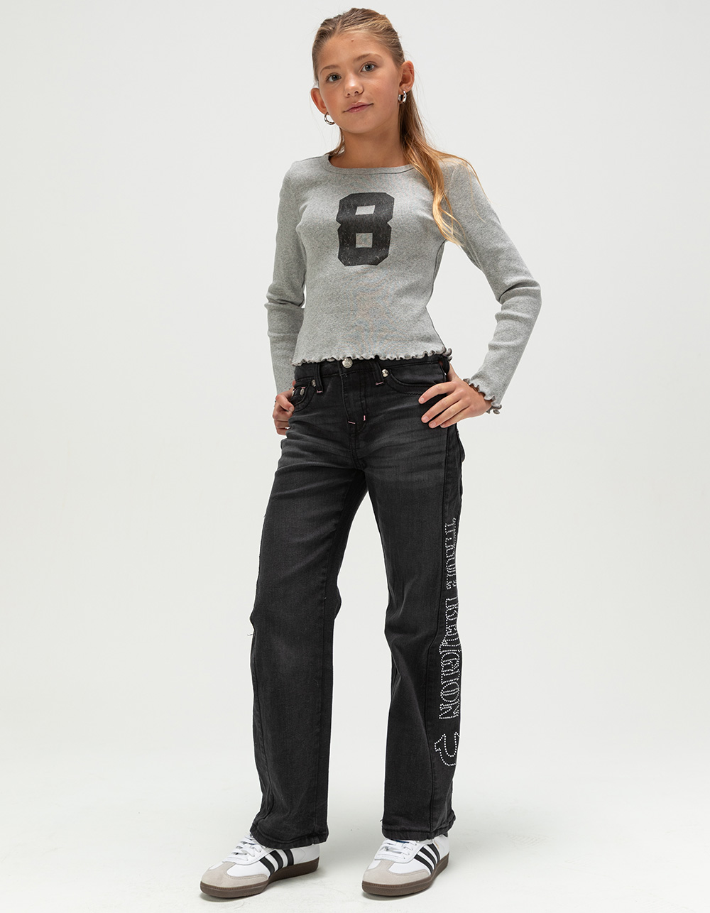 FULL TILT 8 Girls Long Sleeve Baby Tee - HEATHER GRAY