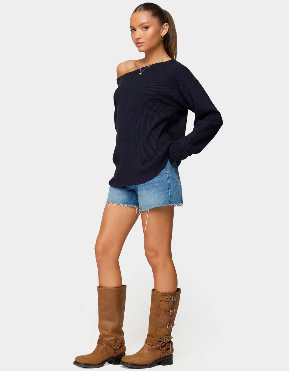 EDIKTED Damari Off Shoulder Oversized Waffle Top - NAVY