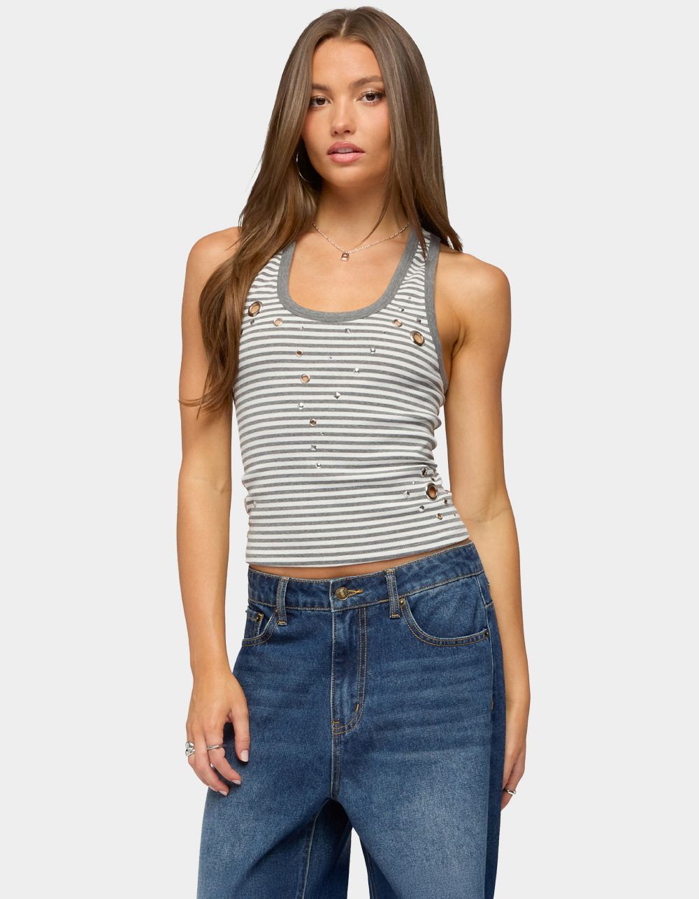 EDIKTED Sindy Grommet & Stud Striped Tank Top - GRAY