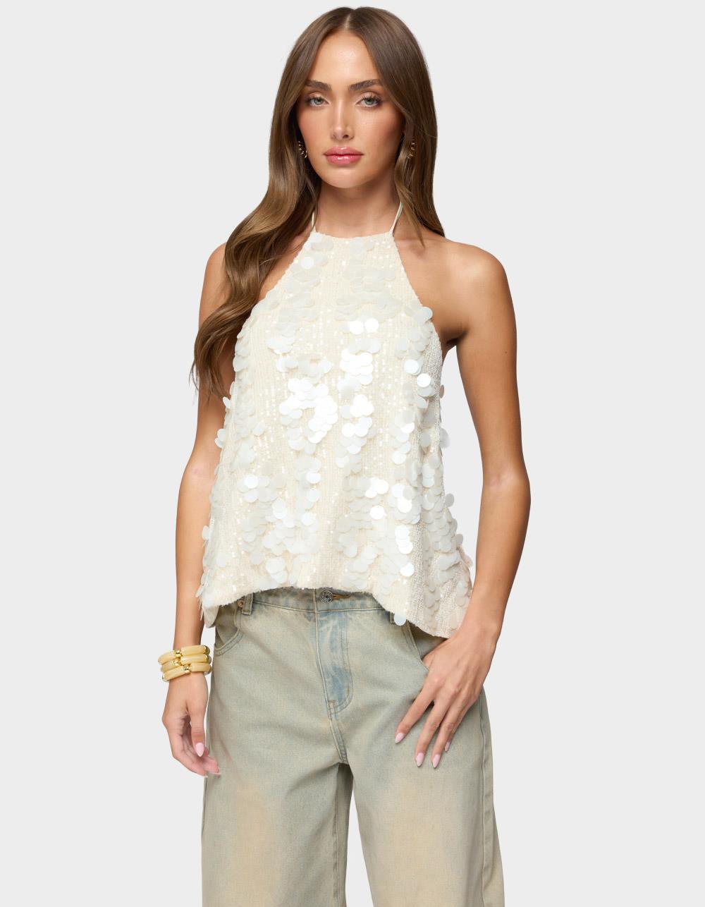 EDIKTED Ellorie Backless Sequin Halter Top - BEIGE