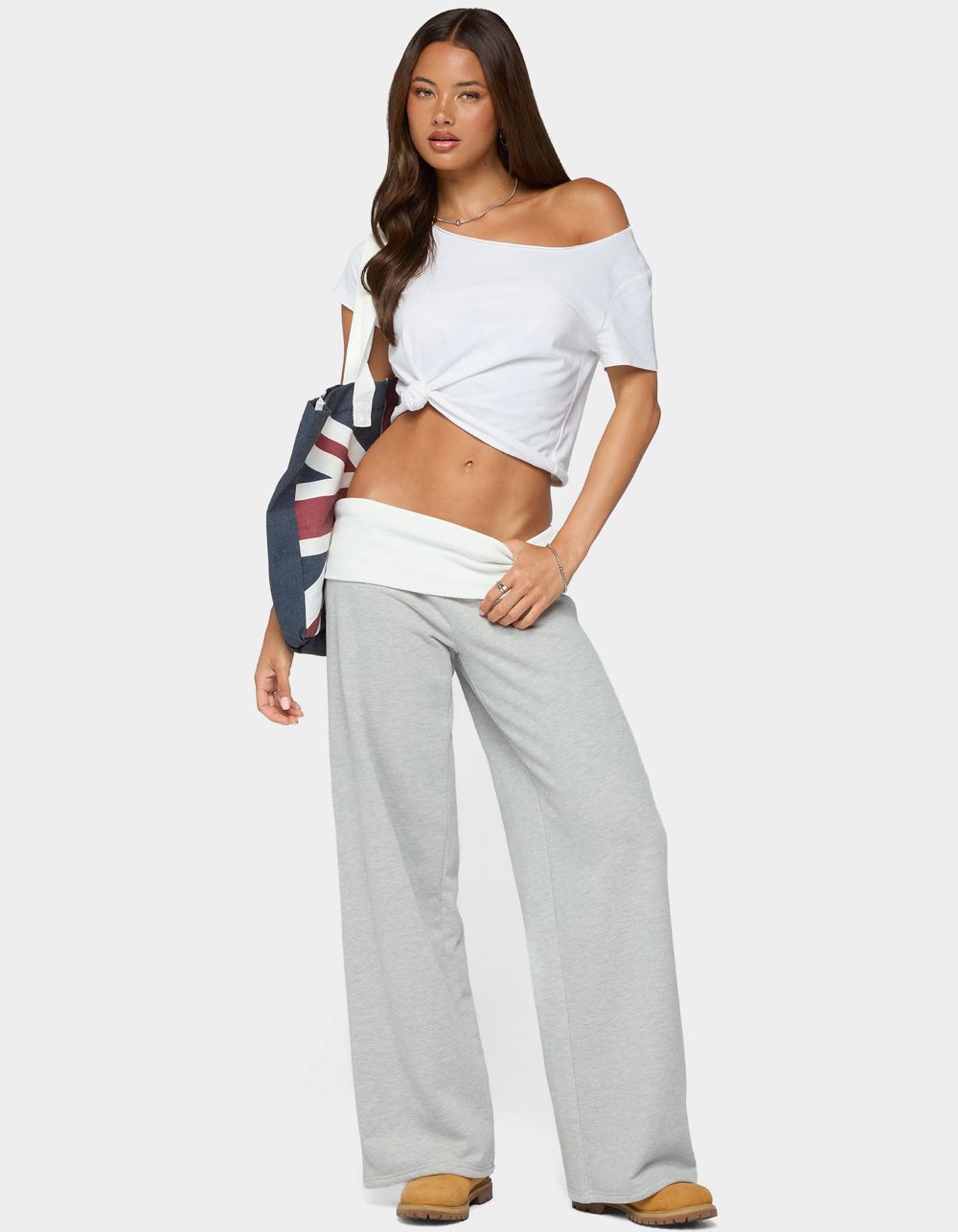 EDIKTED Idha Contrast Foldover Baggy Sweatpants - GRAY