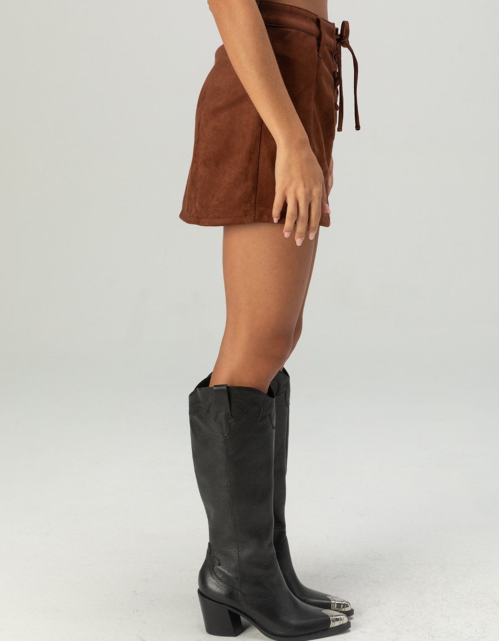 WEST OF MELROSE Suede Lace Up Womens Mini Skirt - BROWN