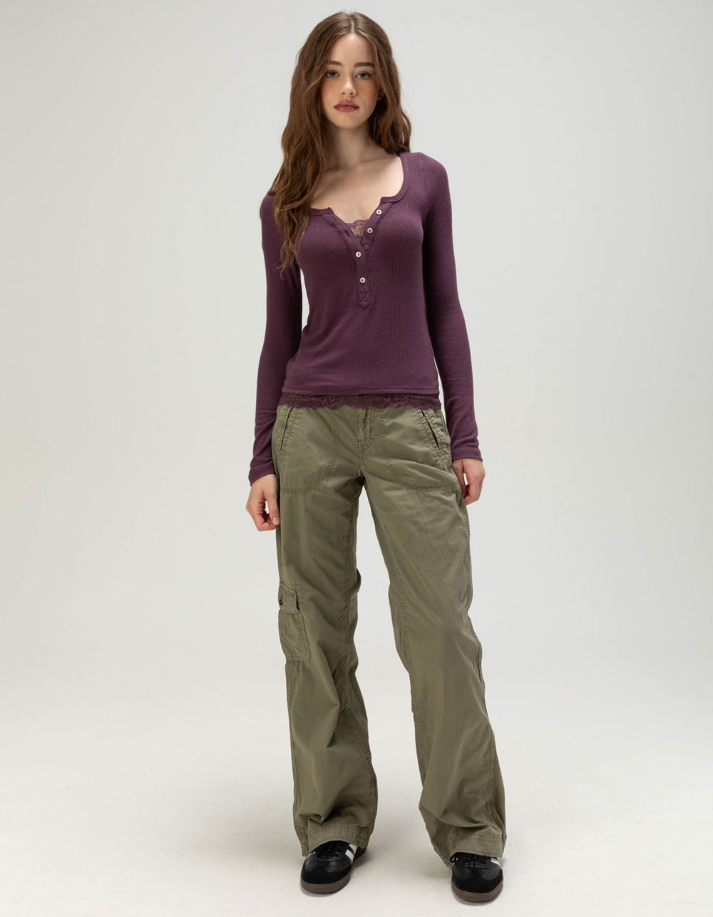 BDG Urban Outfitters Lace Insert Womens Long Sleeve Henley Top - WINE