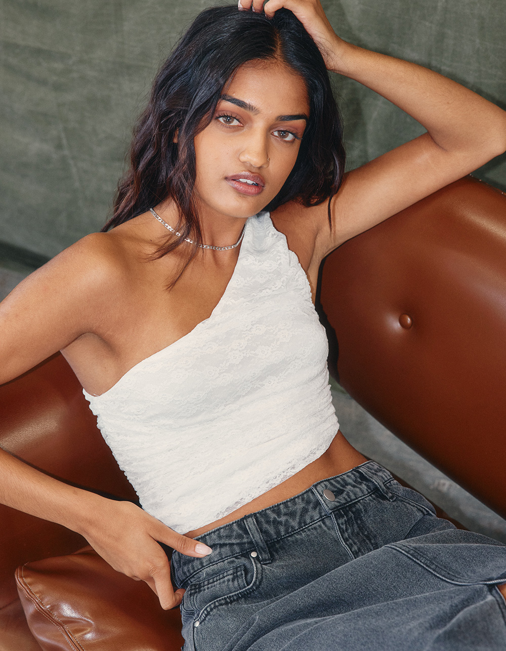 WEST OF MELROSE Lace One Shoulder Womens Top - CREAM | Tillys