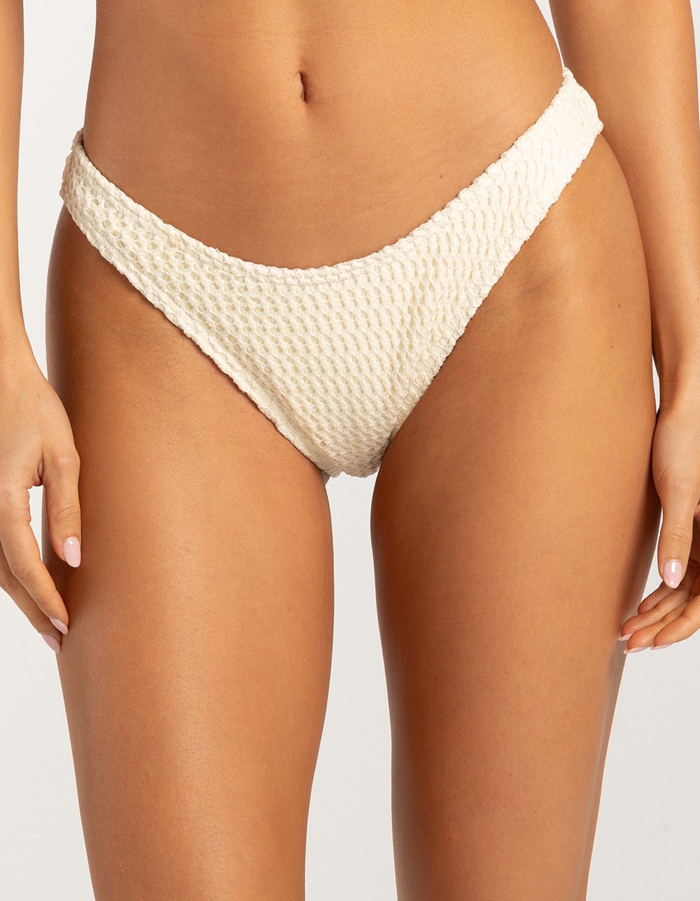FULL TILT Cheekier High Leg Crochet Bikini Bottoms - CREAM